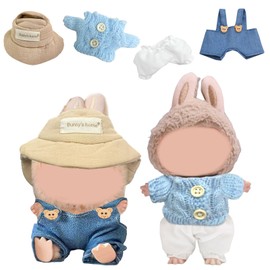 Labubv Clothes, 14-17cm Doll Clothes Accessories Suitable, with Denim Strap Pants+1Hat+1Sweater+1White Pants, for 14-17cm Labubv Doll Boy and Girl for Best Gifts (Not Including Doll)