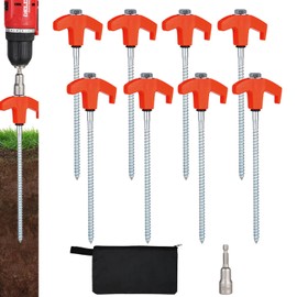 4/8/12/ Pack Screw in Tent Stakes Heavy Duty,8 Inch Ground Anchors Screw in,Drill in Style Metal Stakes,with Hex Head Driver,Camping Tent Accessories.(4, Orange)