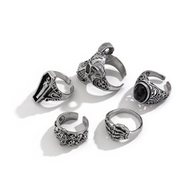 Vintage Silver Knuckle Rings Set for Men Women Adjustable Chunky Grunge Gothic Rings Stackable Punk Style Skull Cross Demon Wing Ring Set Gold Y2k Statement Ring Retro Hip Hop Biker Rock Halloween Jewelry (Silver 1)