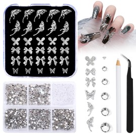 MYYKO Silver Nail Charms for Nails Design,Rhinestones for Nails kit, Nail Stones Alloy Nail Art Decoration, Nail gems Accessories for Nail Art Supplies Manicure Craft DIY