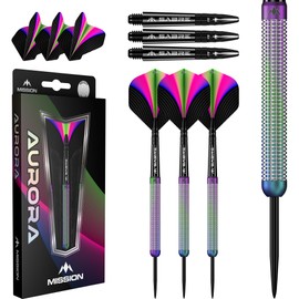 Mission | Aurora Darts | Steel Tip | 90% Tungsten Barrel | Coral PVD | Includes Dart Flights and Stems | Available in Multiple Weights. (24, Grams)