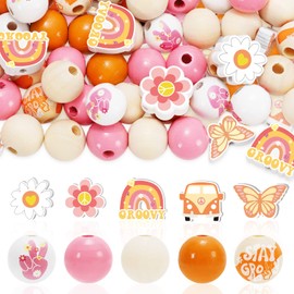 Whaline 200Pcs Groovy Boho Wooden Beads with Hemp Rope Cute Sea Animal Beads Colorful Marine Creature Wooden Craft Round Spacer Beads for Jewelry Making DIY Craft Summer Beach Party Tiered Tray Decor