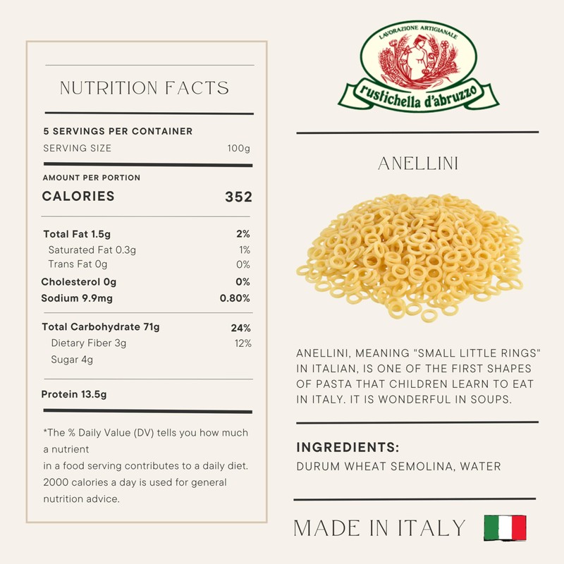 Rustichella d'Abruzzo Durum Wheat Anellini Pasta - 17.6 oz (2