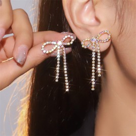 QLYOVWE Sparkly Bow Earrings for Women Winter Pink Rhinestone Tassel Earrings Prom Wedding Party Dress Jewelry Stocking Stuffers Christmas Gifts (Colorful)