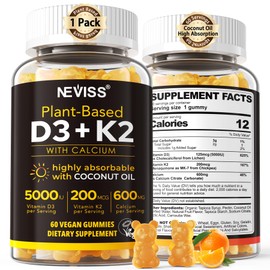 Vitamin D3 5000iu & K2( as MK7 ) 200mcg Gummies + 600mg Calcium, with Coconut Oil for High Absorption, Maximum Strength Vitamin D3 K2 Supplement - Support for Bones Muscle Teeth Immune, Vegan 60 Count