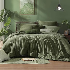 Monbix Queen Comforter Set - 7 Pieces Cationic Dyeing Olive Green Bed in a Bag Queen Bedding Sets with Comforter, Sheets, Pillowcases & Shams, Reversible Bedding Comforters Sets