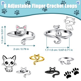 6Pcs Cute Cat Yarn Tension Ring, Adjustable Knitting Crochet Loops, Faster Knitting Thimbles Holders Accessories, Knitted Crochet Loop Rings, Crochet Rings for Mother Grandma Gifts