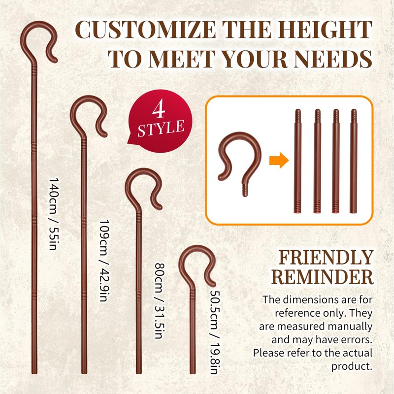 Shepherd Staff Plastic Wizard Staff Hook,55IN Brown Cane for Adult/Kids
