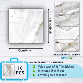 16 pegatinas de azulejos con patrón de mármol para decoración de cocina, baño, calcomanías para despegar y pegar (6 x 6 pulgadas)