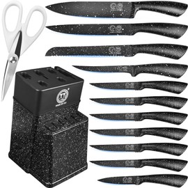 XYJ Knife Block Set, Stainless Steel Kitchen Knives Set with Holder, Professional Japanese Chef Knife Set, Steak Knives, Carving Slicing Paring Bread Knife, Black