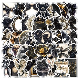 50pcs Black Gold Aesthetic Stickers for Laptop, Exquisite Vintage Gothic Stickers,Trendy Graffiti Bowknot Stickers Cute Vinyl Waterproof Aesthetic Stickers Pack for Skateboard Luggage (BGG)