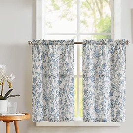 Vangao Kitchen Curtains Cafe Linen Tier Curtains 24 Inch Length Farmhouse Floral Print Short Small Half Window Curtains Rod Pocket 2 Panels Blue on Beige