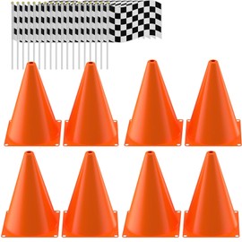 Traffic Cones with Racing Checkered Flags-8 Traffic Cones With Hole on Top, 16 Checkered Flags, Race Car Birthday Party Supplies, Table Centerpiece Decorations, Kids Gift