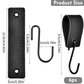 Pack of 6 S Hooks for Hanging with Leather Loop, for Clothes Rail, Hooks, Coat Hooks, Metal Hooks, Kitchen, Bathroom, Camping (Black)