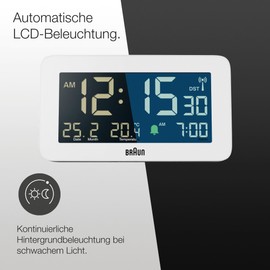 Braun Radio Digital Alarm Clock for Central European Time Zone (DCF) with Date, Month and Temperature Display, Negative LCD Display and White Alarm Sound, Model BC10W-DCF
