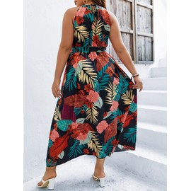 Floerns Women's Plus Size Boho Sleeveless Halter Neck Tie Back A Line Long Dress Black Multi 1XL