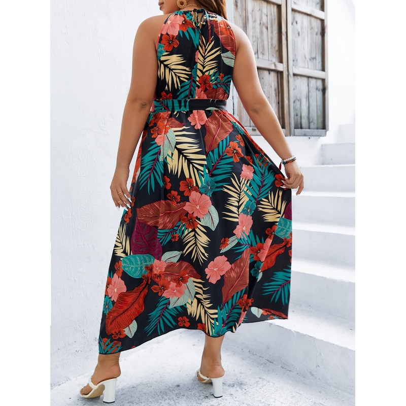 Floerns Women's Plus Size Boho Sleeveless Halter Neck Tie Back