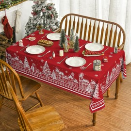 Horaldaily Christmas Tablecloth 52×70 Inch Rectangular, Red Snow House Pine Trees Washable Table Cover for Party Picnic Dinner Decor