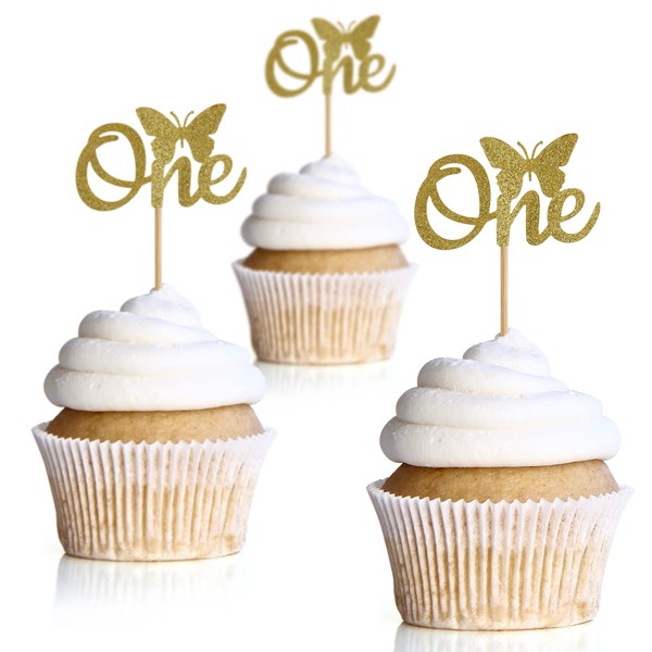 HiDori 24 decoraciones para cupcakes de una mariposa para fiesta de primer cumpleaños, decoraciones de baby shower con purpurina dorada, púas de comida para revelar género (B-A1GD)