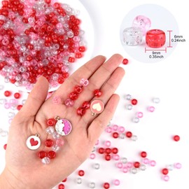 MIAHART 1200 Pcs Valentine's Day Craft Beads with 12 Pcs Charms Pendant Decorations 1 Roll Elastic String Romantic Glitter Pony Beads for Valentine's Day Decorations DIY Crafts Jewelry Making