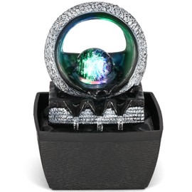 Tabletop Water Fountains, 3 Gears Desktop Fountain Indoor with Led Rolling Ball, Table Top Small Water Feature Interior Zen Relaxation Decor for Home Bedroom Living Room Office Apartment