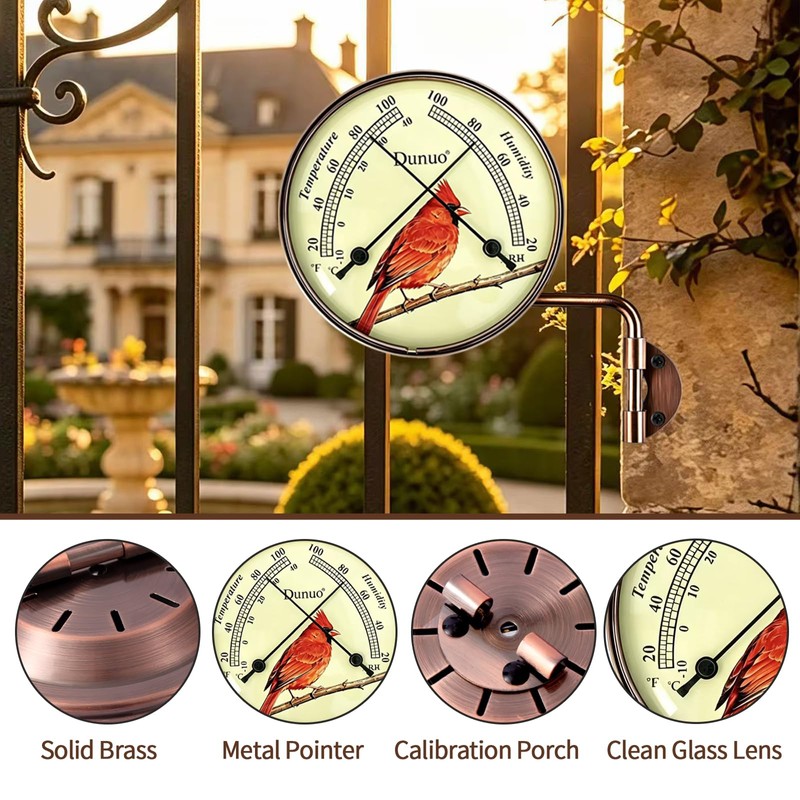 Dunuo 4" Outdoor Thermometer & Humidity Gauge, Brass Cardinal Dial
