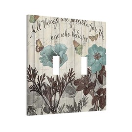 Teal Tulip Flowers Double Toggle Wall Plate 2 Gang Rustic Vintage Farmhouse Floral Decorative Light Switch Cover Beige Wooden Electrical Faceplate Switchplate for Bathroom Bedroom Kitchen
