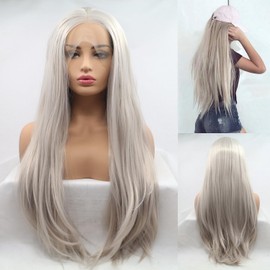 26" Platinum Blonde Synthetic Lace Front Wig Pre Plucked Ready to Wear 13x4“ Glueless Natural Straight Lace Front Wig for Women Daily Party Cosplay Use Synthetic Heat Resistant Fiber Wigs