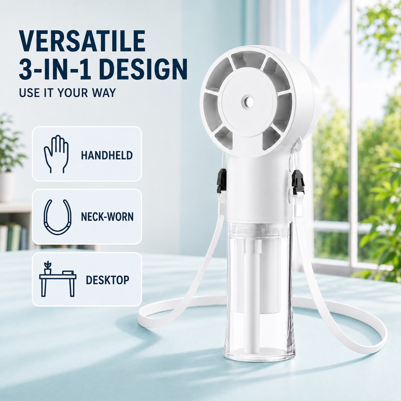 Rechargeable Portable Misting Fan – 3-in-1 Handheld, Neck-Hanging & Desktop