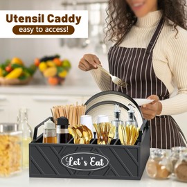 VOOTTOU Paper Plate Dispenser, Wood Paper Plate Holder with Handle for Kitchen Counter, Silverware Caddy for Cups, Spoons, Forks, Plates, Napkins, Utensil Holder for Party Camping Buffet (Black)