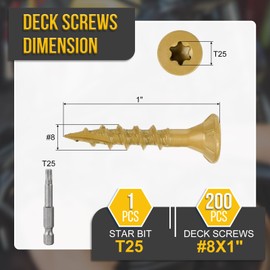 DTGN #8x1 Deck Screws - 200Pack - Good for Decks, Fences, Frames, Farms, Outdoor Furniture - Carbon Steel Wood Screws W/ T25 Torx Star Drive Bit - Tan