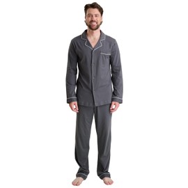 GIVEITPRO -100% Cotton Jersey Knit, Men's Long Button-Down Sleepwear Pajama Set (Medium, Dark Grey)