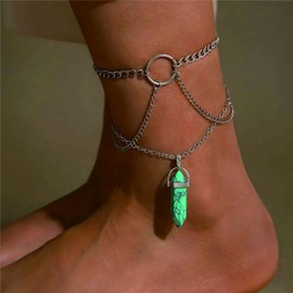 Yheakne Bohemian Layered Turquoise Anklet Bracelet Turquoise Dangle Ankle Bracelet Silver Circle Anklet Chain Turquoise Foot Chain Jewellery for Women