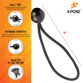 Xpose Safety Bungee Ball Cords 9" 100 Pack Heavy Duty Black Stretch Rope with Ball Ties for Canopies, Tarps, Walls, Cable Organization