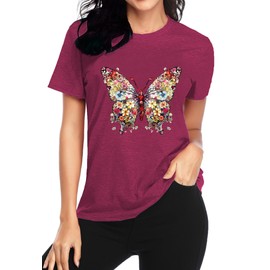 Butterfly T-Shirts for Women Butterflys Flowers Print Shirts Insect Lover Casual Short Sleeved Tops Purple XX-Large