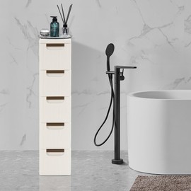 5 Tier Mobile Storage Cart, Modern White Slim Rolling Storage Cabinet with Wheels, Compact Organizer Cart for Kitchen Bathroom Bedroom Office (5 Drawer)