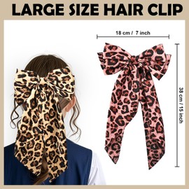 elook Hair Bows Clip, 2 PCS Leopard Print Hairclip, Hair Pin with Long Tail Ponytail Holder Hair Ribbon for Women Girls - Yellow + Red