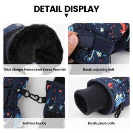 QKURT Kids Ski Gloves, Winter Waterproof Snow Gloves Warm Fleece Lined Cold Weather Outdoor Sports Gloves, Dinosaur Kids Mittens for Sledding Snowboard Skiing for Boys and Girls Aged 2-6
