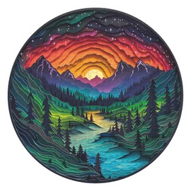 Magic Forest Puzzles for Adults 1000 Pieces, Nature Round Tree Mountain River Sunset Landscape Puzzle, Colorful Paper Cut Art Puzzle, Difficult Hard Challenge Jigsaw Puzzle