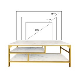 AT-VALY 3-Tier Stand for TV Media Console Table with Open Shelving Storage for Living Room Bedroom (Gold Frame with White Faux Marble top PB Board)