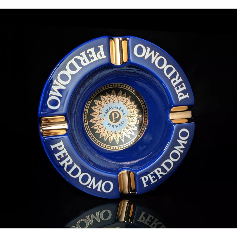 Perdomo Blue and Gold Ceramic Large Cigar Ashtray 9" Diameter