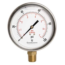 DuraChoice 4" Oil Filled Pressure Gauge - Stainless Steel Case, Brass, 1/2" NPT, Lower Mount Connection, 0-100PSI