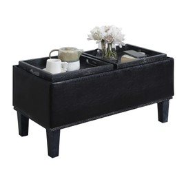 Convenience Concepts Designs4Comfort Brentwood Storage Ottoman with Reversible Trays, Black Faux Leather/Black