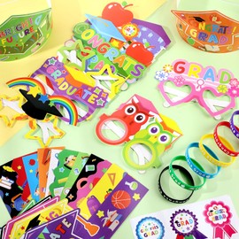Skyygemm 96 Pcs Kindergarten Graduation Party Decoration Favors Preschool Graduation Paper Glasses Paper Congrats Grad Hats for Kids Silicone Bracelets and Stickers for Class of 2025 Gifts Photo Props