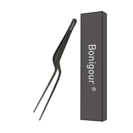 Bonigour 8 Inch Precision Offset Tweezers, Kitchen Culinary Stainless Steel Tongs, Curved Kitchen Cooking Multi-function Chef Precision Tweezer Tongs for Plating, Food Decorating and ect (Black)