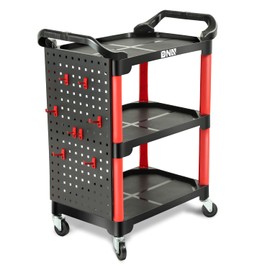 DNA MOTORING 3-Level Composite Workshop Trolley 120 kg / 260 Lbs Capacity Cart Portable On Wheels for Garage Warehouse Workshop Use, Black/Red, TOOLS-00428