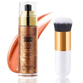 Shimmer Body Oil, Body Luminizer Liquid Highlighter Oil, Waterproof Shimmer Moisturiser, Non-Sticky Glow Lotion with Makeup Brush, Face and Body Glow Shimmer for All Skin Types (Golden Brown)
