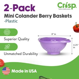 Crisp 2 Pack Mini Colander Berry Baskets - Plastic, Durable Kitchenware, Dishwasher Safe - Made in the USA - Purple