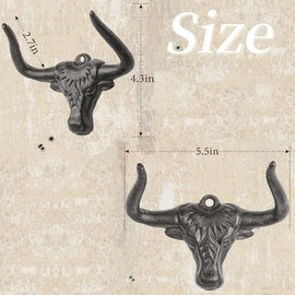 2 Pack Coat Hooks with Screws, Wall Mount Cast Iron Western Decorative Hook, Heavy Duty Outdoor Towel Hooks for Cowboy Key Hat Robe Purse,Decorative Wall Hook for Men Dad, Bullhead Design Door Hook