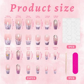 VelvetGlow Press On Nails, French Tips, Shiny Purple Glitter Medium Coffin False Nail Rhinestone Acrylic Full Cover Fake Nails Curve Gel Glue for Holiday Manicure Art Pack of 24